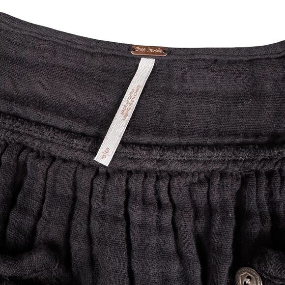 FREE PEOPLE Black 100% Cotton Button Front Boho Peasant Blouse Top Size S - Picture 4 of 5